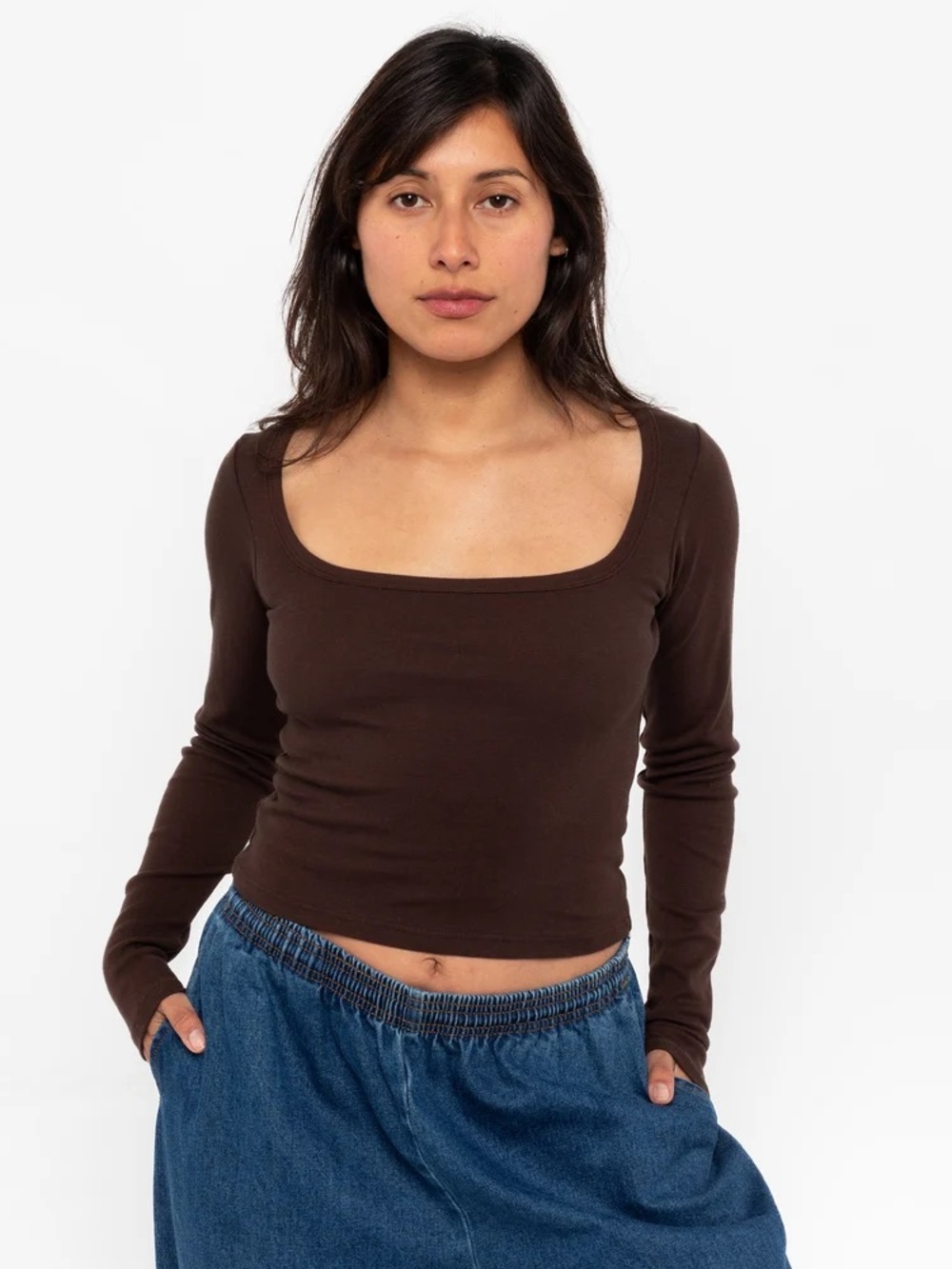 Los Angeles Apparel Baby Rib Long Sleeve Square Neck Tee in Brown